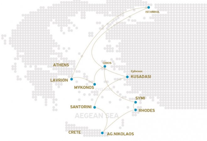Mapa itinerario crucero desde Estambul a las islas Griegas y Kusadasi 7noches/8días